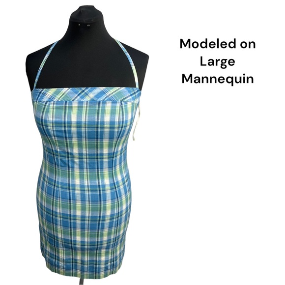 VTG 90's/Y2k Blue Green White Plaid A. BYER California Halter Dress VTG Sz  13 - Picture 9 of 12